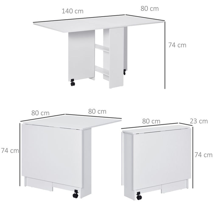 Space-Saving Folding Desk Table | Mobile Drop Leaf | Wheel Storage Shelves | White