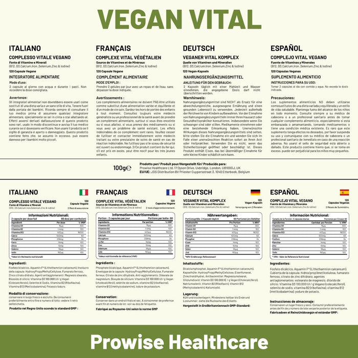 Vegan Vital Multivitamins and Minerals | 120 Vegan Multivitamin Capsule | Calcium, Vitamin B12, Vitamin B2, Vitamin D3, Selenium, Iodine, Zinc & Iron | by Prowise Healthcare