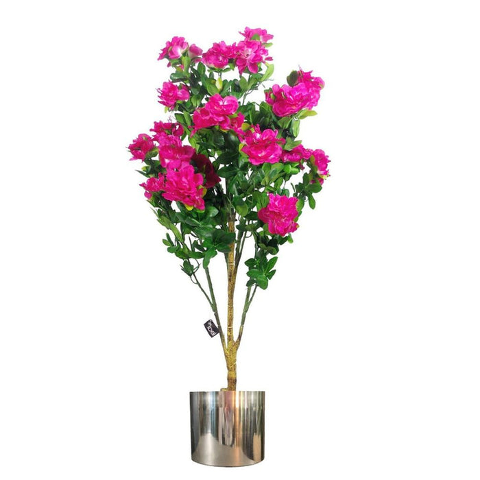 Premium 100cm Artificial Azalea Pink Flowers - Silver Metal Planter