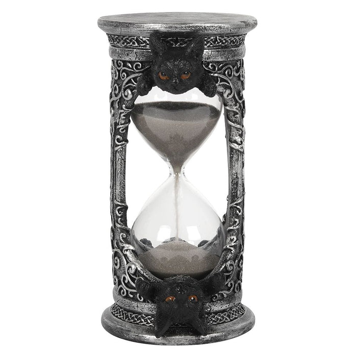 Premium Black Cat Hourglass Timer - Gothic Design, 17cm Height, Grey Sand, 60 Second Run - Durable Resin Casing