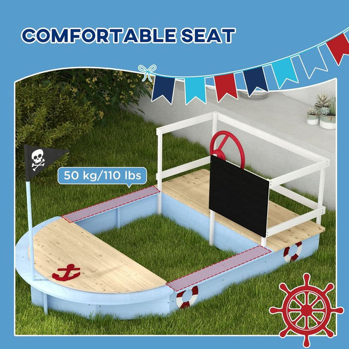 Outsunny Sand Pit with Blackboard, Flag, Storage Deck for Outdoor Play, Blue