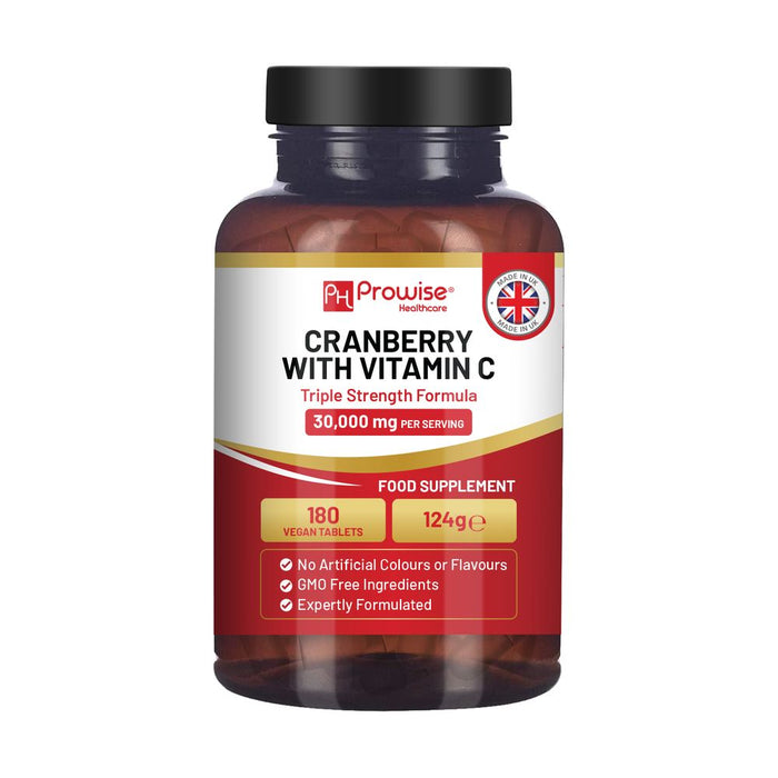 Triple Strength Cranberry 30,000mg + Vitamin C I 180 Vegan Tablets by Prowise - High Quality, Immune Support