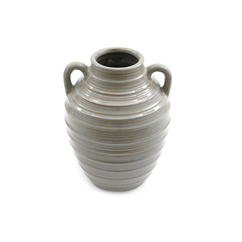 Ceramic Grey Ribbed Vase With Handles 25cm