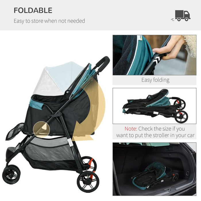 PawHut Deluxe Dog Stroller w/ Rain Cover - XS & S Dogs, Cats - Dark Green