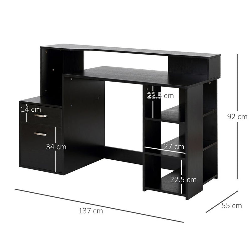 HOMCOM Computer Desk with Drawers and Storage Shelves, Reception Desk, Study Workstation for Home Office, 137 x 55 x 92cm, Black