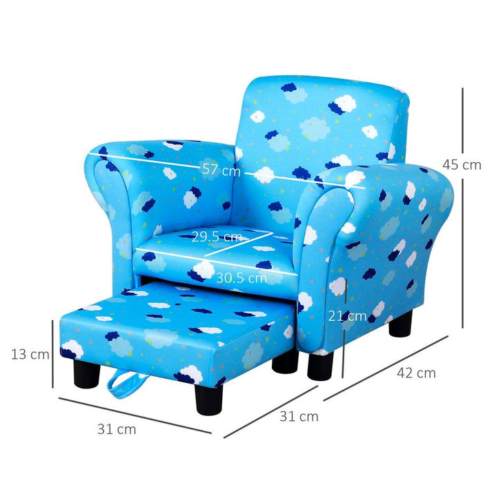 HOMCOM Cute Cloud Star Child Armchair Seat Wood Frame w/ Footrest Padding Blue