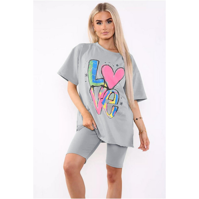 Cycling Short and T-Shirts Co-Ord Two Piece Side Slit Set with Front Printed Slogan