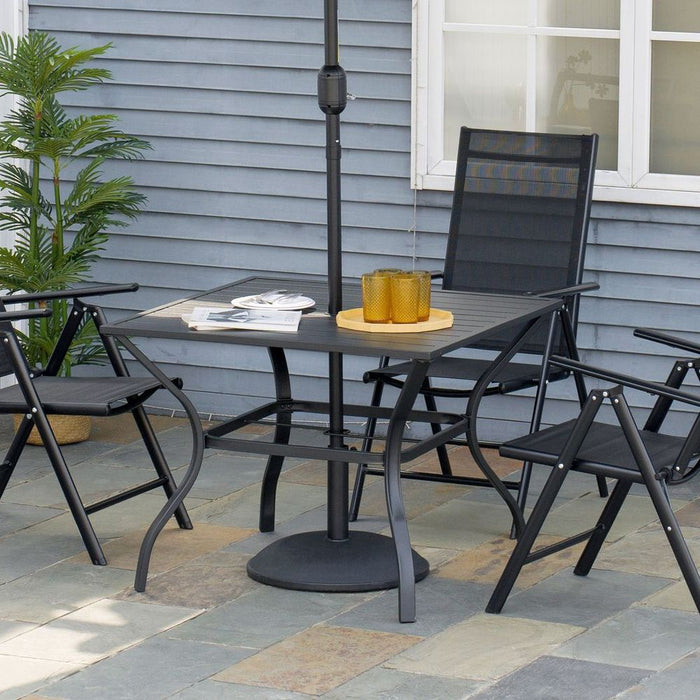 Outsunny Garden Table with Parasol Hole for Four, Slatted Metal Plate Top