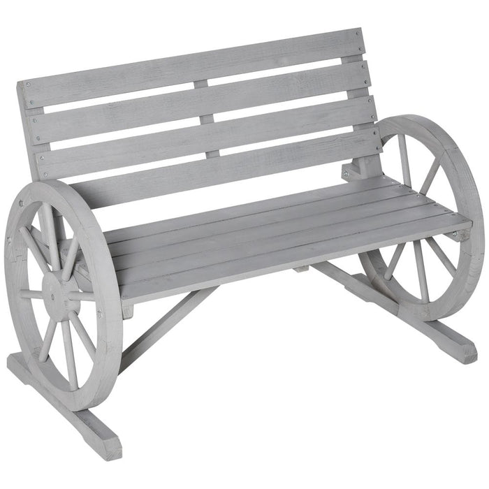 2 Seater Bench Armrest Chair & Wooden Cart Wagon Wheel Rustic High Back Grey