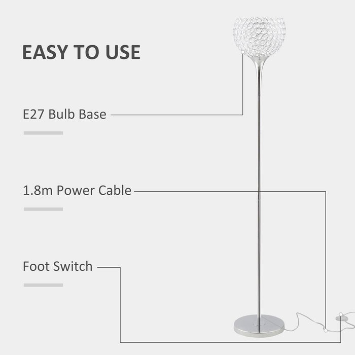 Crystal Floor Lamp - K9 Crystal Lampshade, E27 Bulb - Silver Finish - Professional Grade