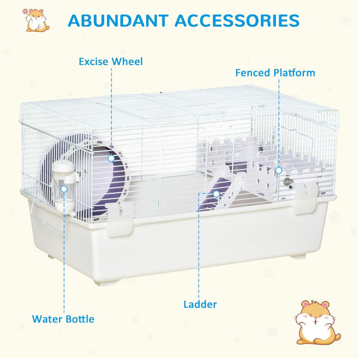 PawHut 2 Tier Hamster Cage Rodent House Small Animal Habitat with Exercise Wheel Water Bottle Ladder, White