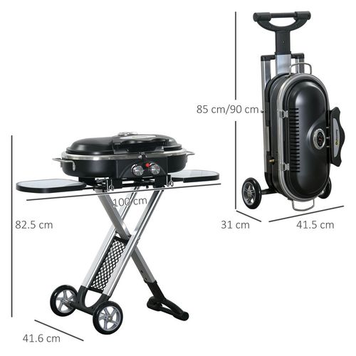 Foldable 2 Burner Gas BBQ Grill Trolley w/ Side Shelves Storage Pocket