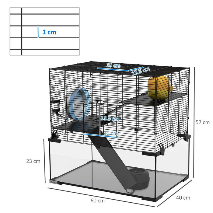 Spacious 3-Tier Hamster Cage w/ Glass Bottom, Dish, Hut - 60x40x57cm