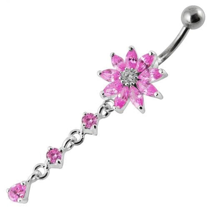 Flower Dangling Jeweled Curved Bar Belly Ring