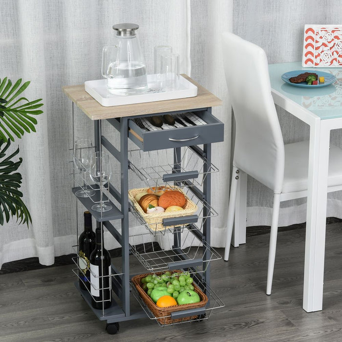 Kitchen Island Trolley w/ 4 Baskets 2 Side Racks Drawer Dark Grey