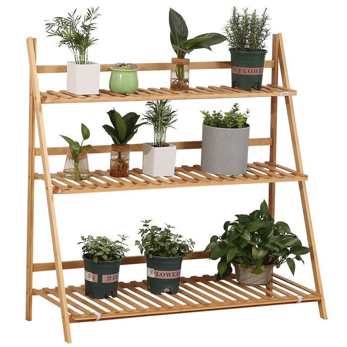 3-Tier Bamboo Plant Stand: Indoor/Outdoor Display Shelf, Folding Design - Strong, Water-Resistant