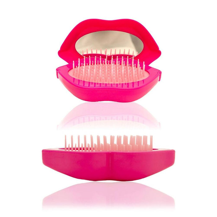 Portable Lip Shape Hair Brush Massage Comb with Mirror - Rose Pink