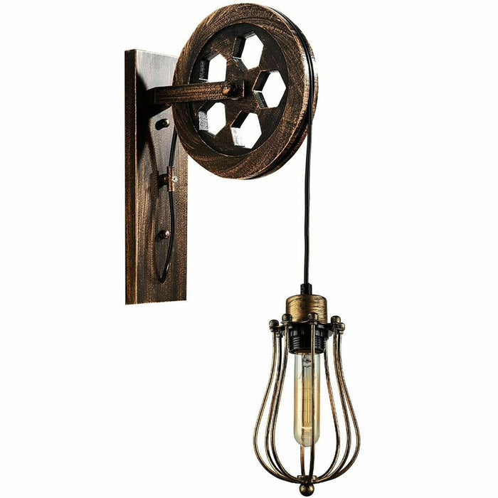 Retro Industrial Pulley Wheel Wall Light Fixture Metal Cage Indoor Light