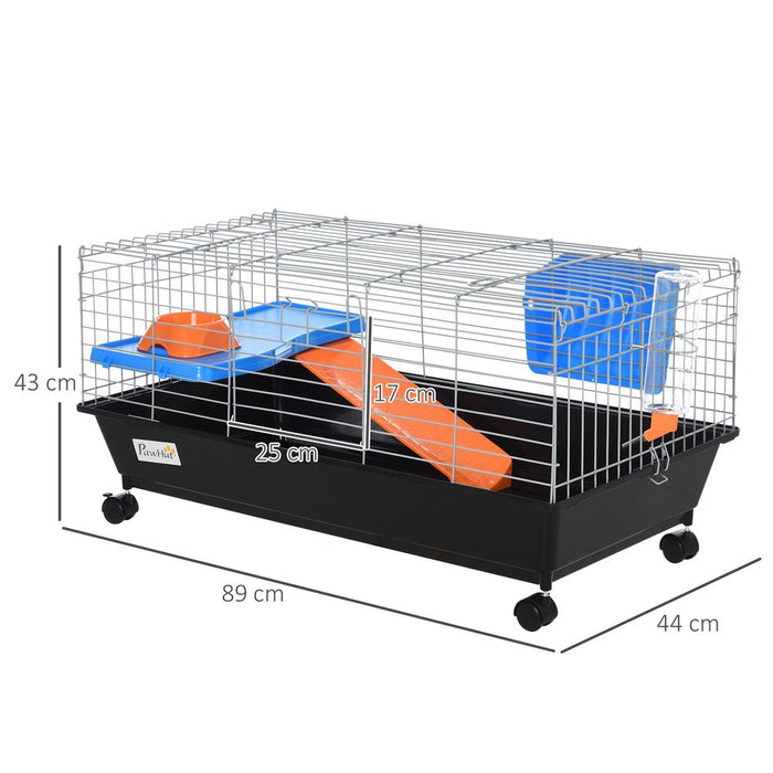 PawHut Small Animal Cage Rabbit Guinea Pigs Chinchillas Cage w/Wheels Water Bottle Food Dish Platform Ramp 89 x 44 x 43 cm Black