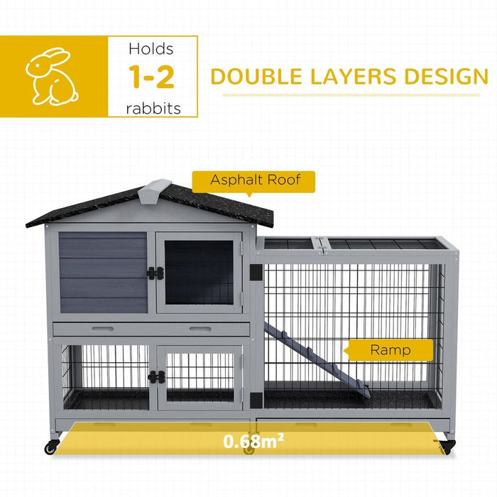 PawHut Large Rabbit hutch Outdoor Indoor w/ Wheels, Three Slide-Out Trays, Ramp