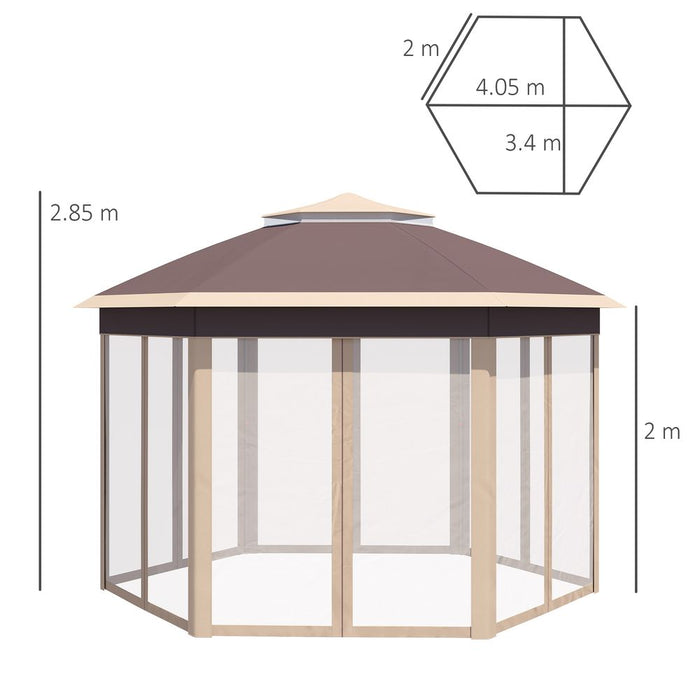 Outsunny 3x4m Hexagon Gazebo w/ Metal Frame, Mesh Curtains - Khaki