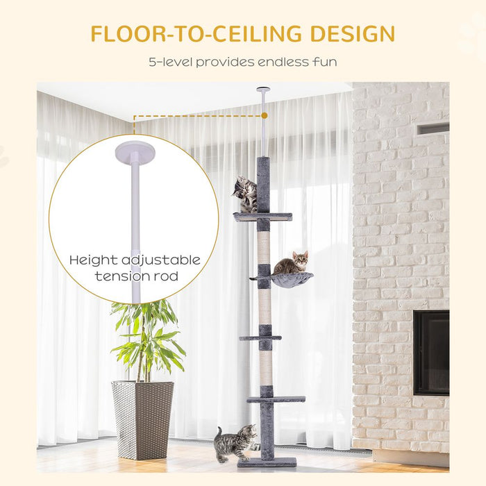 Premium Quality 5-Tier Cat Tree Tower - Floor to Ceiling Adjustable Scratcher - Pawhut