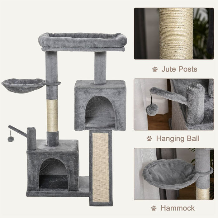 PawHut 111cm Cat Tree Tower for Indoor Cats, Cat Activity Centre with Scratching Posts and Pad, Hammock Condo Bed, Hanging Ball Toy, Grey