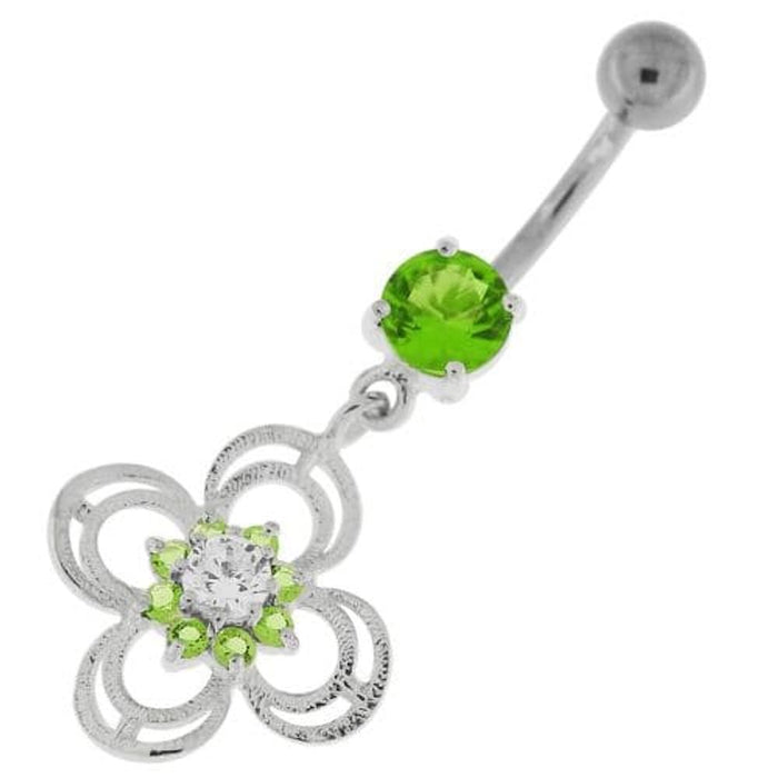 Flower With Bow Jeweled Silver Belly Button Ring