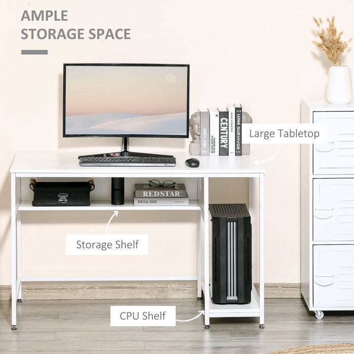 Premium White Computer Workstation: Spacious Desk with Storage Shelf & Steel Legs