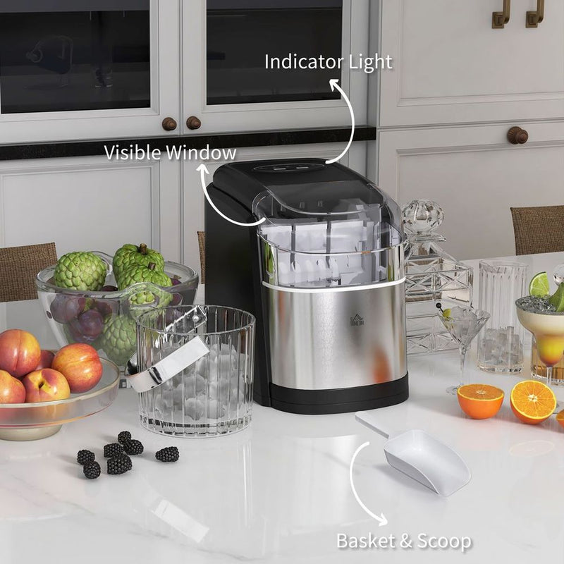HOMCOM Portable Ice Cube Maker w/ 2 Cube Sizes 12Kg/24 Hrs, 9 Cubes/ 6-12Mins