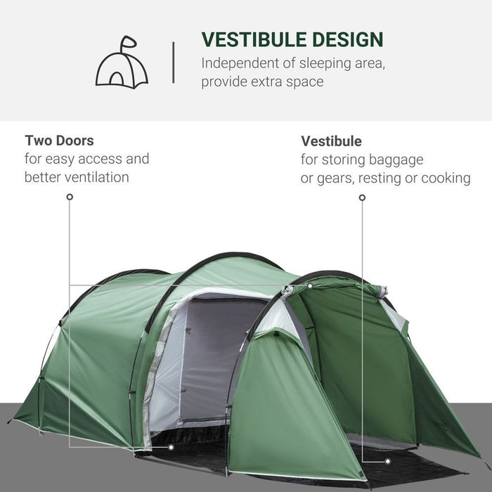 Outsunny 3 Man Camping Tent with Porch and Rainfly, Green