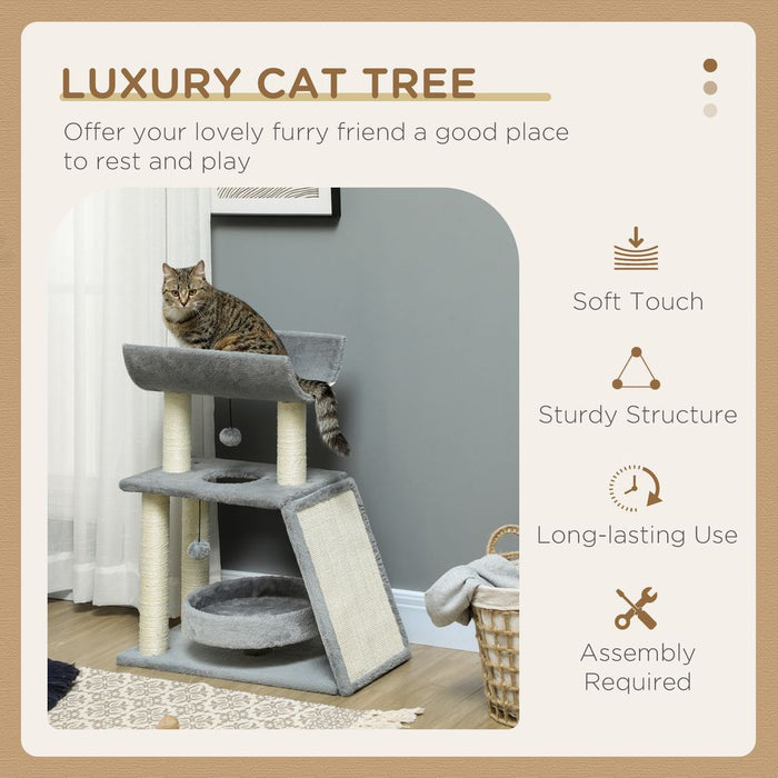 Premium Indoor Cat Tree Tower: Scratching Posts, Pad, Light Grey, Toy Ball - High Quality & Easy Assembly