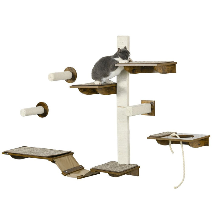 PawHut Wall Mounted Cat Shelves - Posts, Perches, Ladder - Brown