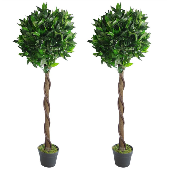 Realistic 120cm Artificial Topiary Bay Laurel Ball Trees - Pair of Twisted Stem Trees - No Maintenance Required