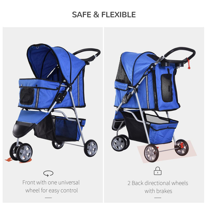PawHut Pet Travel Stroller Cat Dog Pushchair Trolley Puppy Jogger Carrier Three Wheels for Small Miniature Dogs (Blue)