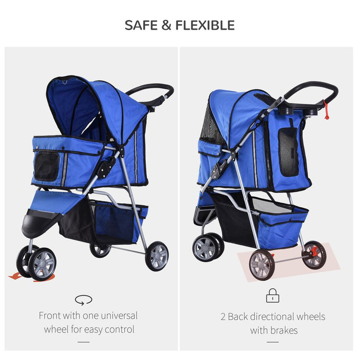 PawHut 3-Wheel Pet Stroller: Safe & Convenient Pushchair Carrier for Cat and Puppy - Blue