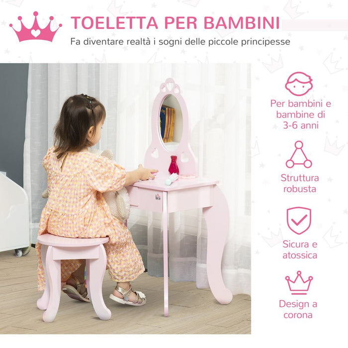 HOMCOM Kids Vanity Table & Stool Girls Dressing Set Make Up Desk Chair Dresser Play Set with Mirror Pink