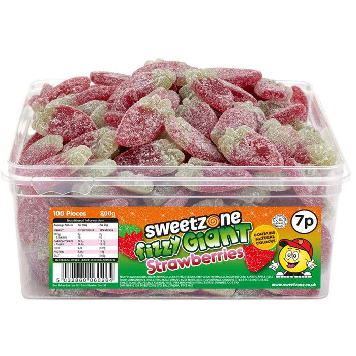 SweetZone Halal Fizzy Giant Strawberries - 800g Tub, Gluten-Free, 100 pcs