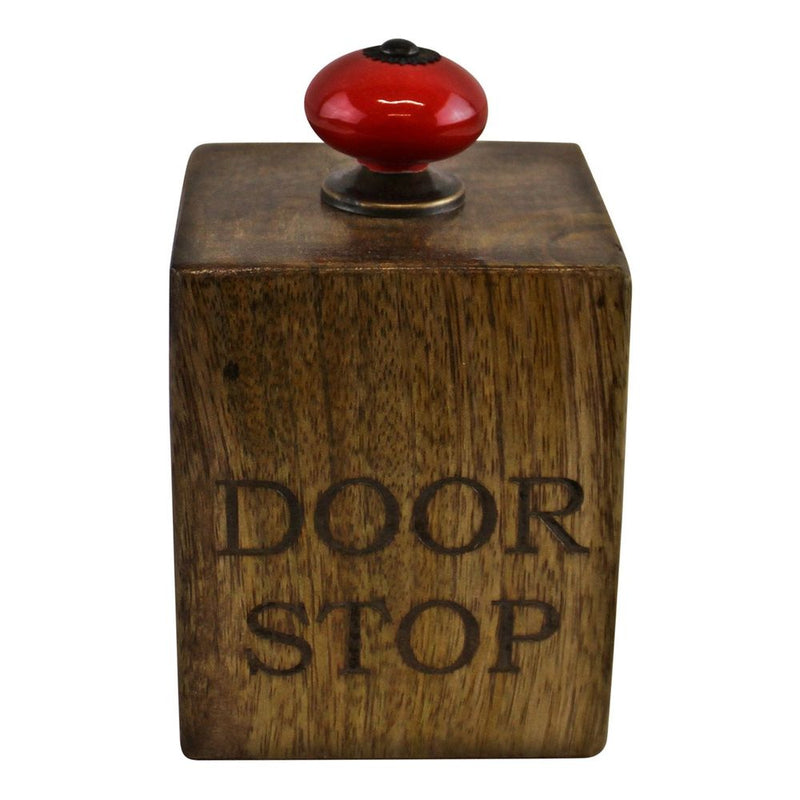 Mango Wood Doorstop with Red Ceramic Knob