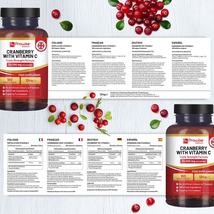 Triple Strength Cranberry 30,000mg + Vitamin C I 180 Vegan Tablets by Prowise - High Quality, Immune Support