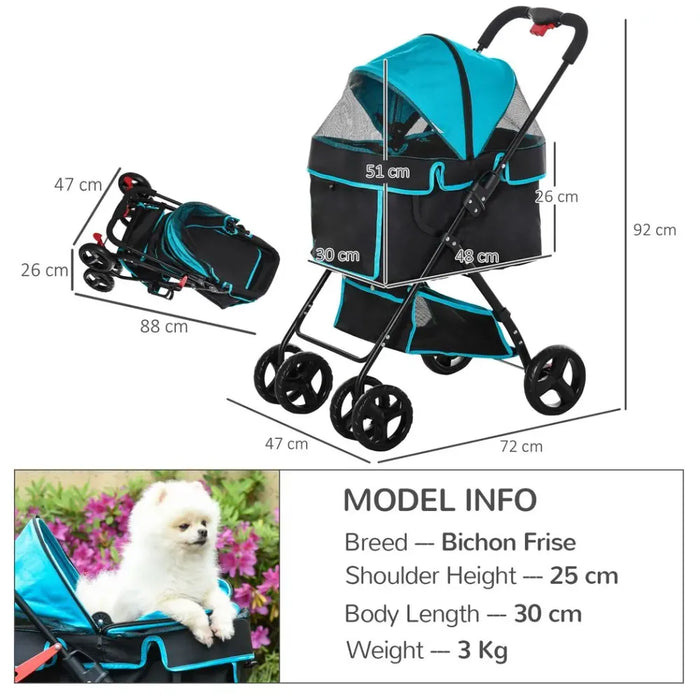 Folding Pet Stroller w/ Brake, Adjustable Canopy, Removable Cloth - Top Quality