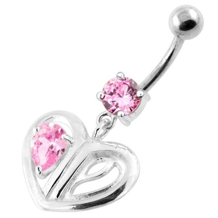 Jeweled Heart Cut out 925 Sterling Silver Navel Bar