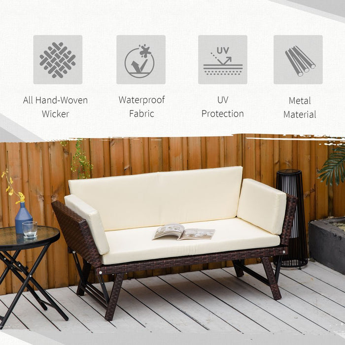 Outsunny 2-Seater Rattan Sofa Daybed - Convertible, Brown - High-Quality Outdoor Furniture