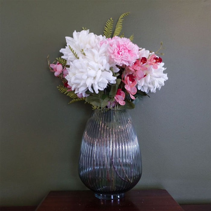 Premium 30cm Smoke Grey Ridged Glass Vase - Elegant, Hand-Finished, High-Quality - Perfect for Real & Artificial Flowers