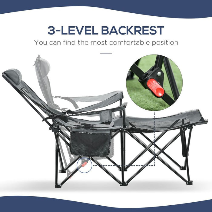 Premium Foldable Camping Chair w/ Footrest & Adjustable Backrest. Bag Included. Quality Grey Design.