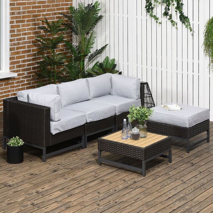 5 PC Rattan Corner Sofa Set - Wood Grain Plastic Top Table - Comfortable Cushions - High-Quality