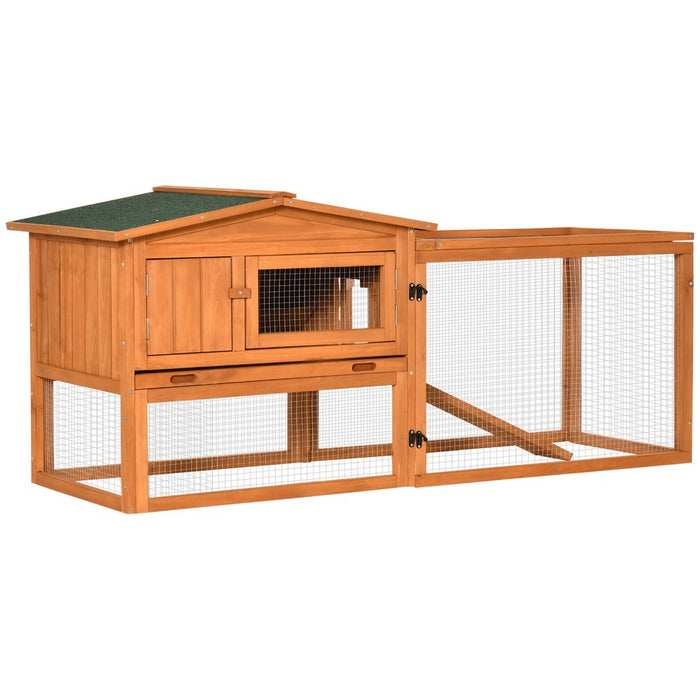 PawHut Rabbit Hutch with Run Wooden Guinea Pig Hutch Outdoor Bunny Cage Hide House with Sliding Tray, Hay Rack, Ramp, 156 x 58 x 68cm, Orange