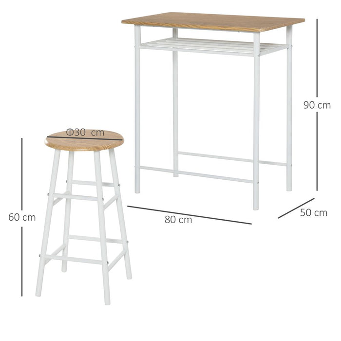 3Pc Bar Height Dining Set: White Oak; 3-Piece Kitchen Furniture for Small Spaces; Steel Frame; High-Quality MDF Tops