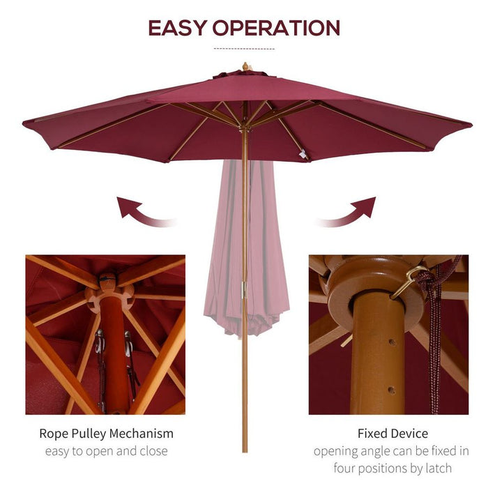 Outsunny 3m Fir Wooden Garden Parasol - Wine Red