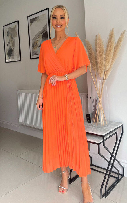 Pleated Wrap Front Maxi Dress - Elegant, Comfortable, Navy - Perfect for Special Occasions - ikrush